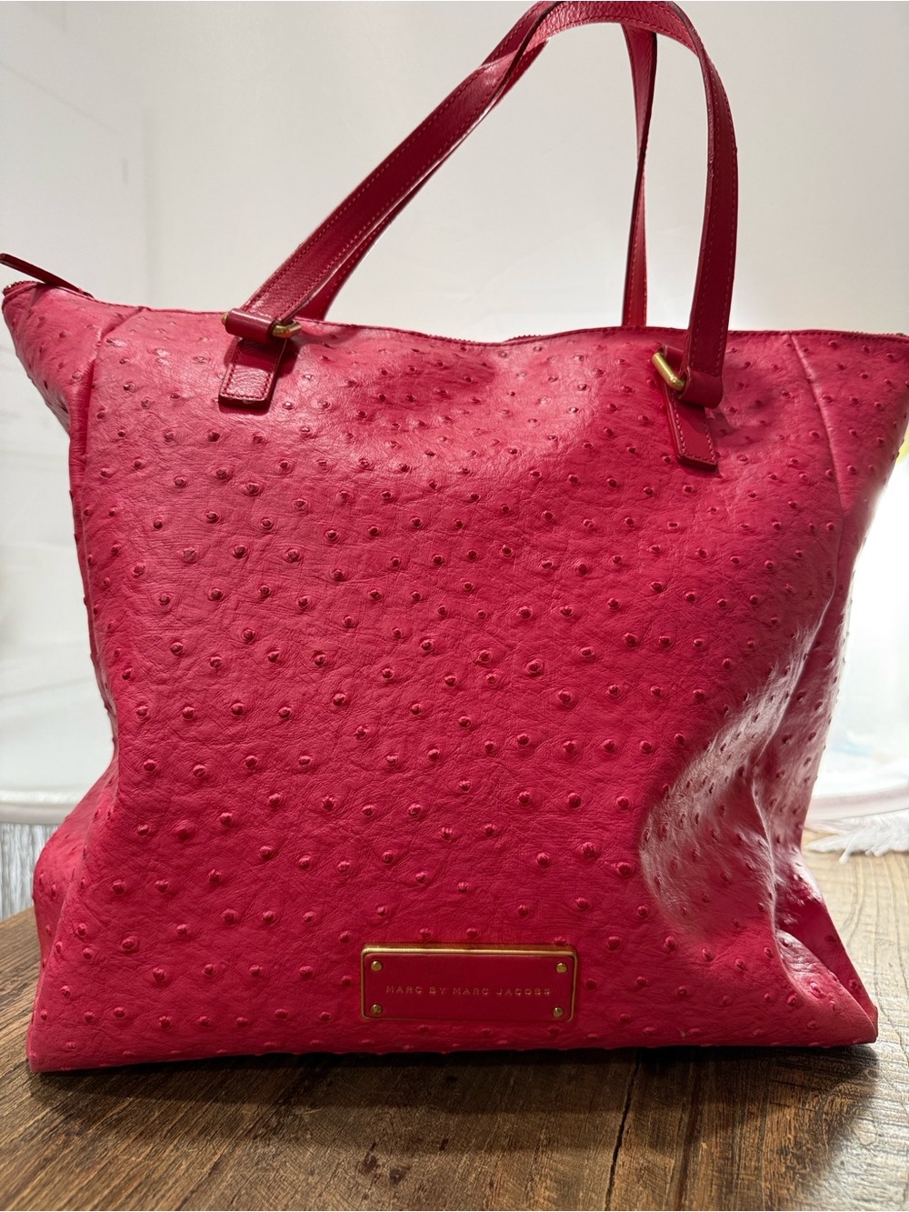 Large Marc by Marc Jacobs Leather Feel & Look Fuchsia Ostrich-Effect Tote